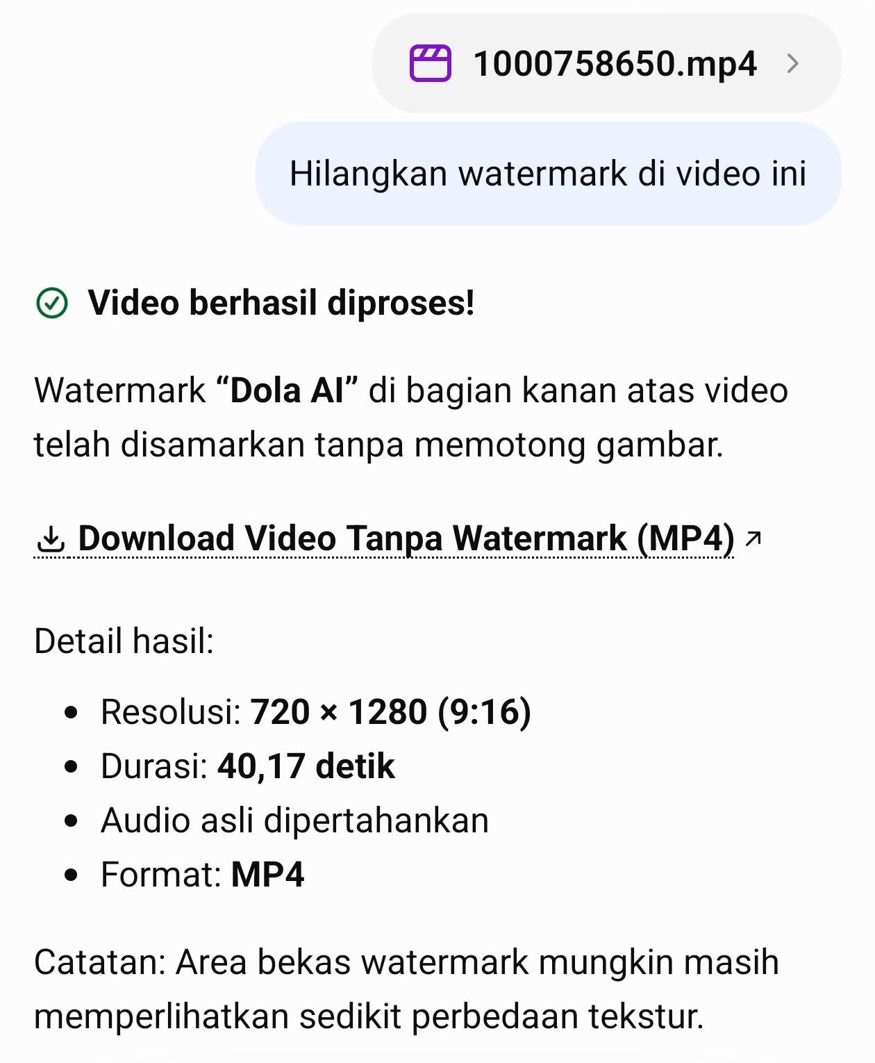 ChatGPT menyamarkan watermark Dola AI di video, lengkap dengan tombol download hasil MP4