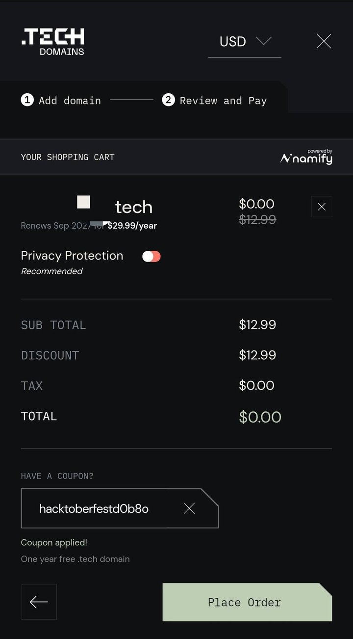 Checkout domain .tech di Get.tech dengan kode Hacktoberfest, total bayar $0
