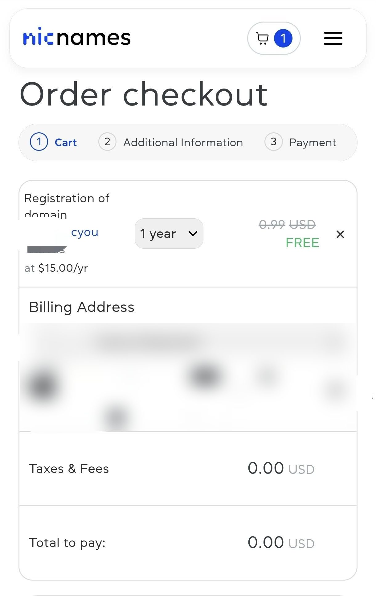 Checkout domain .cyou di NicNames, harga 0.99 USD jadi FREE dan total bayar 0.00 USD