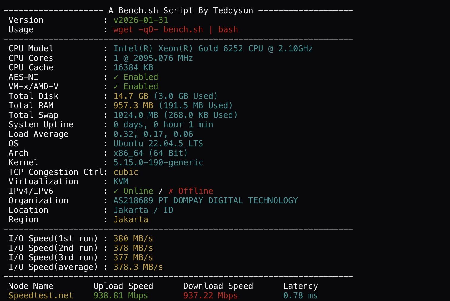 Hasil bench.sh VPS PakaiCloud: 1 core Xeon Gold 6252, RAM 1 GB, disk 15 GB, Jakarta