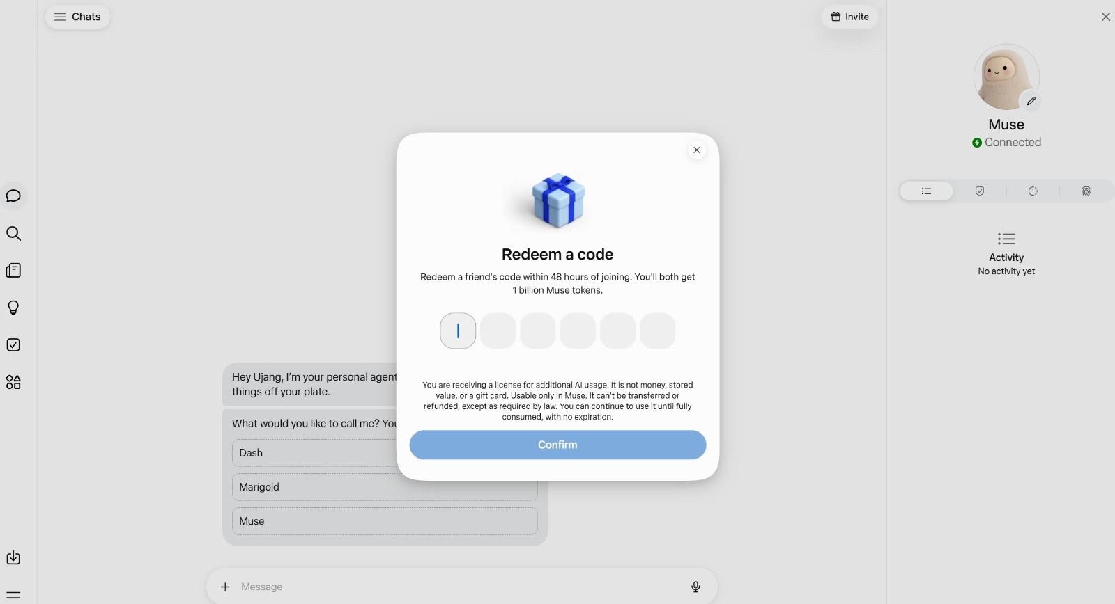 Halaman Redeem a code di Muse AI