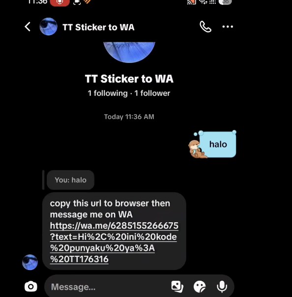 Bot TT Sticker to WA membalas pesan halo dengan link wa.me berisi kode