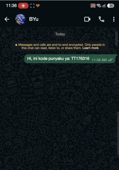 Pesan kode TT dikirim ke bot di WhatsApp