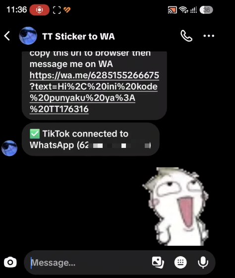Konfirmasi TikTok connected to WhatsApp lalu kirim stiker ke bot